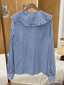 Elenzga New Women's White Cute Peter Pan Collar Matching Woven Striped Print Blouse, Suitable For Layering In Autumn/Winter - Blue and White - View 2