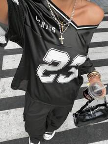 SHEIN EZwear 女式夏季运动字母印花T恤和工装裤两件套 - 黑色 - 查看 3