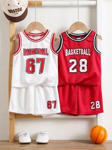 SHEIN 4 pièces/set Ensemble débardeur imprimé lettre décontracté ample et short à taille élastique pour bébé garçon d'été, tenue de basket - Multicolore - Voir 5