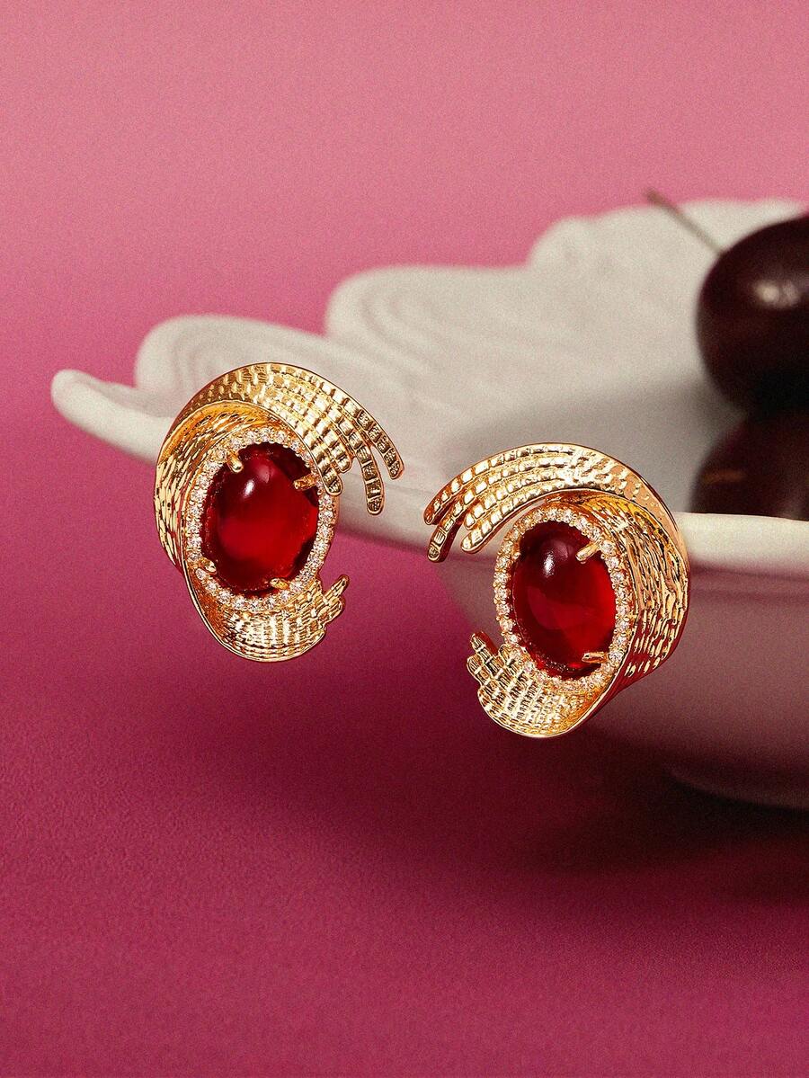 Glisma Women Stud Earrings,Old Money,Outfits,Classy,Metallic/Texture,Elegant,Fall/Autumn/Winter,Premium,For Mom/Women/Girl/Mother,Vintage,Gold,Gemstone,Valentine's Day,Gift - Yellow Gold - View 1
