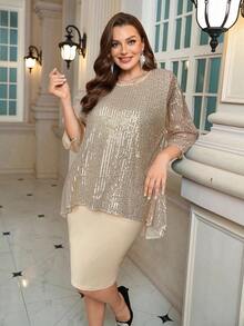 EMERY ROSE 大码亮片拼接圆领优雅奢华连衣裙 - 香檳色 - 查看 4