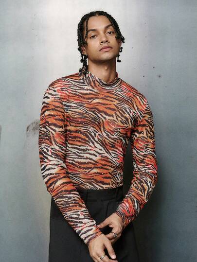 PAVTROS 男士街头风，复古风，INS Vogue数码网眼虎纹亮片紧身高领长袖T恤，动物纹印花，吸睛亮丽，完美融合现代与复古风格，休闲日常，街头时尚，户外，主题派对，时尚单品，节日礼物，男友/老公礼物