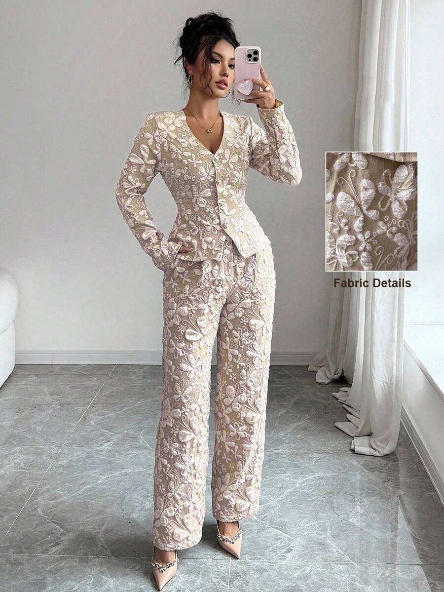 Elenzga 女士提花长袖衬衫，V领，优雅修身款 - 杏色 - 查看 1