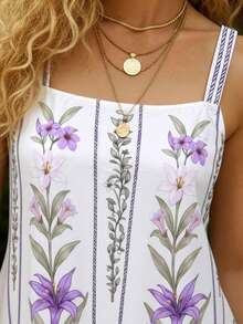 CAJUNI Regular Length Loose Fit Women's Cami Top With Purple Plant Print Straps Woven Fabric - Purple - View 5