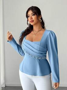 Elenzga Blusa elegante y romántica de manga larga, cuello cuadrado, cintura ceñida y decoración de perlas para mujer talla grande, para primavera/otoño - Azul - Ver 3