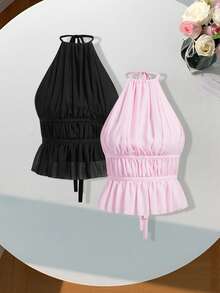 Comfortcana Two-Piece Set Women's Casual Solid Color Backless Halter Top, Summer,Rave Top - Multicolor - View 1