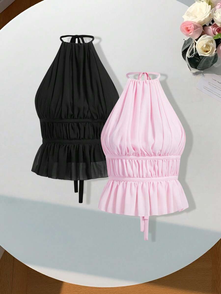 Comfortcana Two-Piece Set Women's Casual Solid Color Backless Halter Top, Summer,Rave Top - Multicolor - View 1