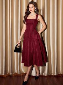 Vintamour فستان نسائي أنيق بتصميم كلاسيكي مع جيوب، فستان جاكار، فستان منتجع، فساتين أنيقة للحفلات، فساتين حفلات طويلة، فساتين حفلات نسائية، ملابس خريفية نسائية، أزياء الهالوين، ملابس شتوية، فستان شتوي للكريسماس، ملابس خريفية نسائية، ملابس الهالوين نسائية، ملابس الكريسماس نسائية، فستان حفلة الكريسماس، فساتين أنيقة للحفلات - عنابي اللون - مشاهدة 4