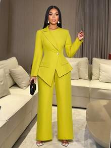 SOLERSUN 女士性感优雅不对称翻领收腰不对称下摆西装外套搭配阔腿裤，时尚通勤女装，适合度假、约会、独立日、教师节等场合。 - 綠色 - 查看 4