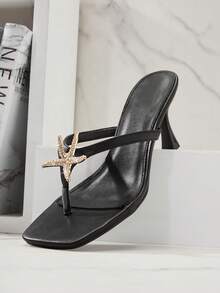 SHUZIA Women's Minimalist Comfortable Square Toe Thong Strap Heeled Sandals With Seastar Ornament - Black - View 7