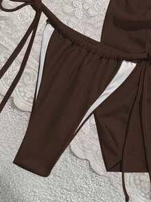 Swim Mod 3pcs Women Summer Solid Color Tie-Up Triangle Cup Halter Bikini & Mini Skirt Swimsuit Set Brown Bathing Suit 3piece Swimwear Brown Bikini Set - Coffee Brown - View 3