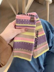 Joivida 1PAIR Women Half Finger Gloves Color Block Stripe Design Elastic Warm Soft Winter Gloves With Finger Visibility For Outdoor Activities Running Hiking Cycling Cold Weather Fashion Accessories Gift - Multicolor - View 3