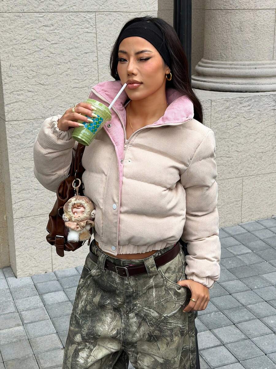 SHEIN EZwear Zip Up Double Face Snap Button Corduroy Padded Coat In Fall/Winter - Multicolor - View 1