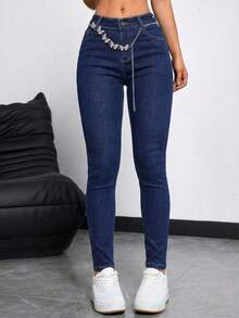 Pantalones Ajustados de Cintura Alta con Cadena de Mariposas de Color Azul Oscuro para Mujer, Pantalones de Moda - Azul lavado oscuro - Ver 2