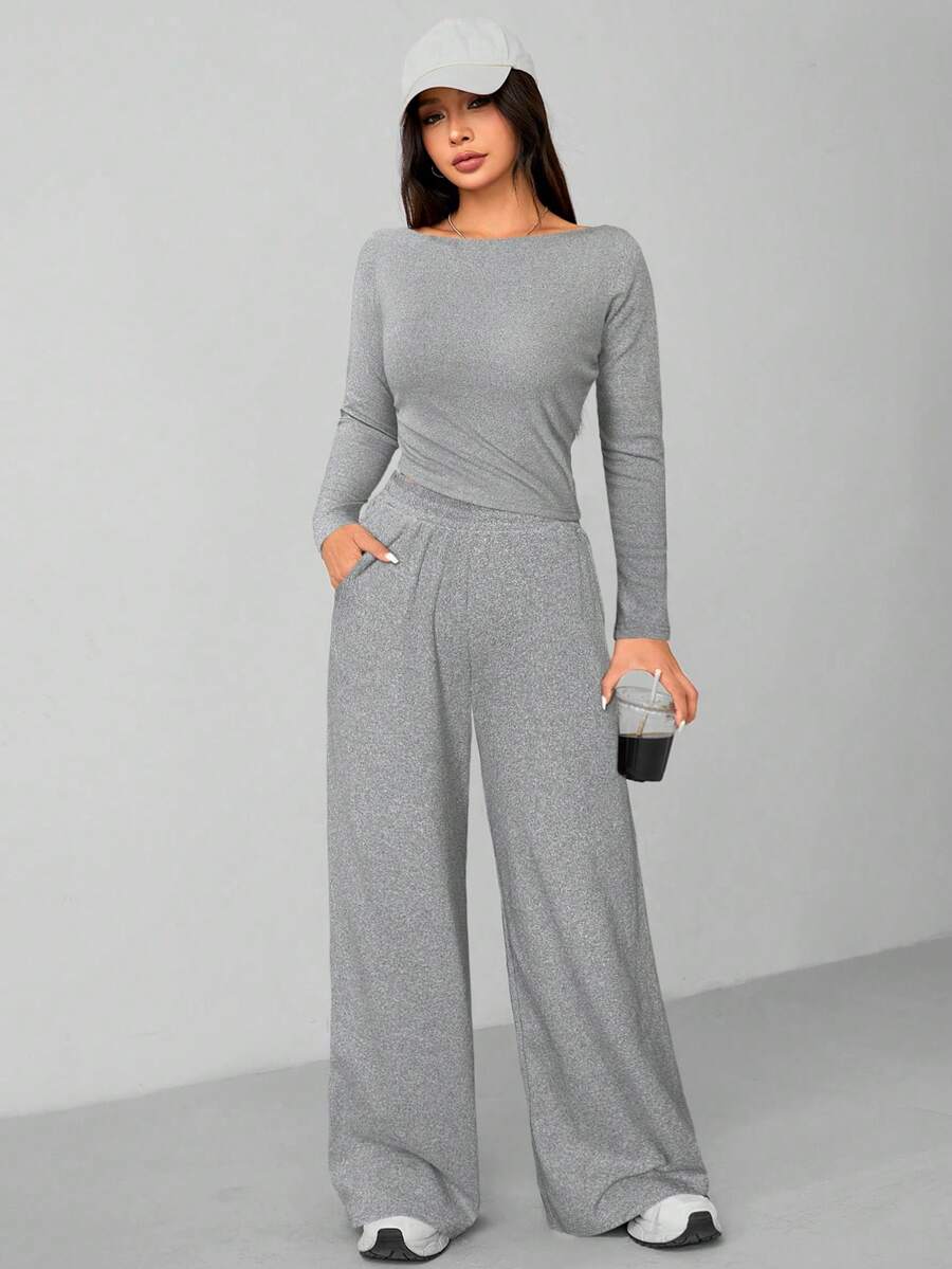 SHEIN PETITE Bộ đồ hai mảnh màu xám đậm mặc nhà thoải mái và dễ chịu cho nữ mùa thu đông áo len mỏng + quần ống rộng - Xám - Xem 1