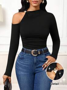 SHEIN Lady Women's Fashionable Off-Shoulder Solid Color T-Shirt, Suitable For Commuting, Autumn Black Tops Women Long Sleeve Tops One Shoulder Top Fitted Tops Women Sexy Black Tops - Black - View 1