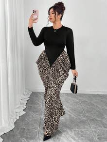 Elenzga Plus Size High Neck Long Sleeve Wrap Waist V-Cut Leopard Print Pleated Fishtail Dress, Elegant For Outings, Parties, Dates, And Formal Events - Multicolor - View 3