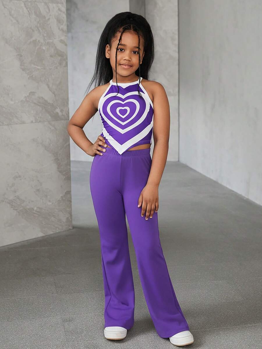 SHEIN Conjunto de top de tirantes de cuello de halter de punto básico informal y pantalones acampanados de unicolor para niñas preadolescentes