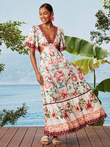 Travachic 女士碎花V领荷叶袖镂空腰部荷叶边下摆连衣裙，浪漫度假风，夏季 - 粉色 - 查看 4