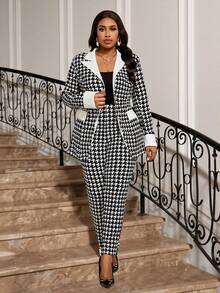 Fleurora Spring And Summer Autumn And Winter Elegant Commuting Office Black And White Houndstooth Knitted Lapel Button Long Long Sleeve Plus Size Suit Winter Clothes For Women Winter Dress Women's Winter Dress Winter Dress Women Winter Outfit For Women Elegant Women's Set Women's Formal Wear Plus Size Women's Elegant Houndstooth Suit Set - Black and White - View 4
