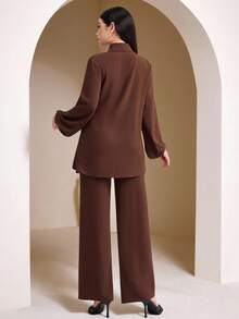 Veilorie 2件套女士阿拉伯风格套装（长袖上衣和裙子套装） - 咖啡棕 - 查看 4