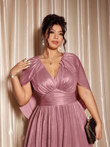 Cravure 大码女士正式长款晚礼服，前开衩设计，闪亮金色V领披肩礼服，金属面料大码连衣裙，披肩领，收腰设计，奢华显瘦，优雅迷人 - 淺粉色 - 查看 8