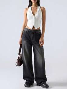 LYSMO 女士夏季純色單排釦背心上衣，配露背頸帶設計 - 白色 - 查看 6