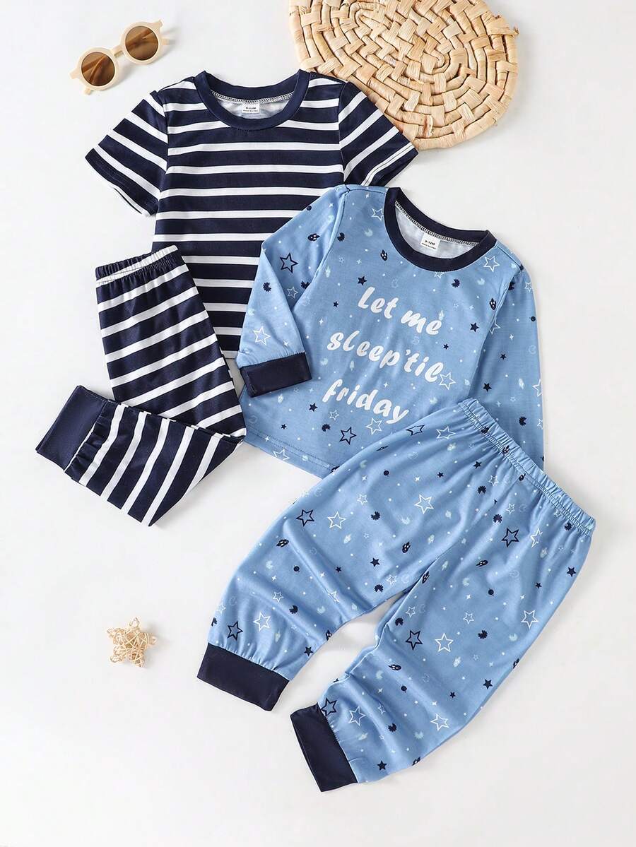 4pcs Dozy Joy Baby Boy Casual Outfit Set, Long Sleeve Tee, Short Sleeve Tee, Pants, Striped, Star, Moon, Cartoon Pattern, Loose Fit, Soft Fabric, Summer