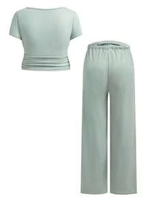 SHEIN 2 pezzi Set casual di maglietta a maniche corte con scollo quadrato e arricciature e pantaloni con vita con coulisse, colore tinta unita, per gravidanza - Verde - Visualizzare 13
