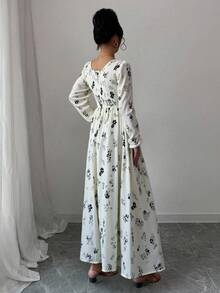 Vestido de manga farol con estampado floral todo sobre en mujer elegante - Blanco - Ver 2