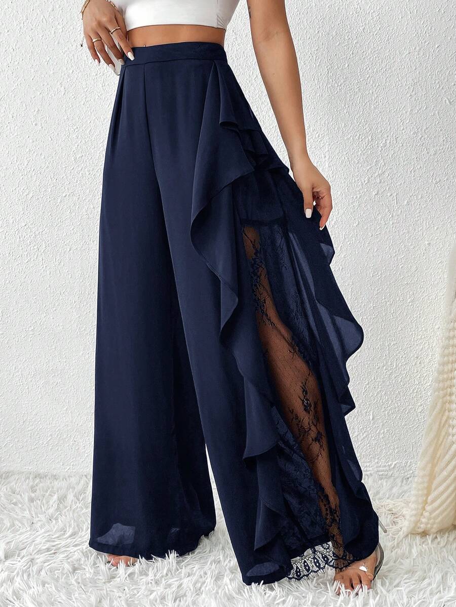 Firerie Pantalones anchos de mujer elegantes con parches de encaje transparente - Azul Marino - Ver 1