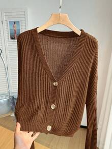 Comfortcana Cardigan scurt, lejer, cu decolteu în V, pentru femei, mărime plus, culoare uni, versatil pentru purtare zilnică, toamnă/iarnă - Maro - Vizualizare 4
