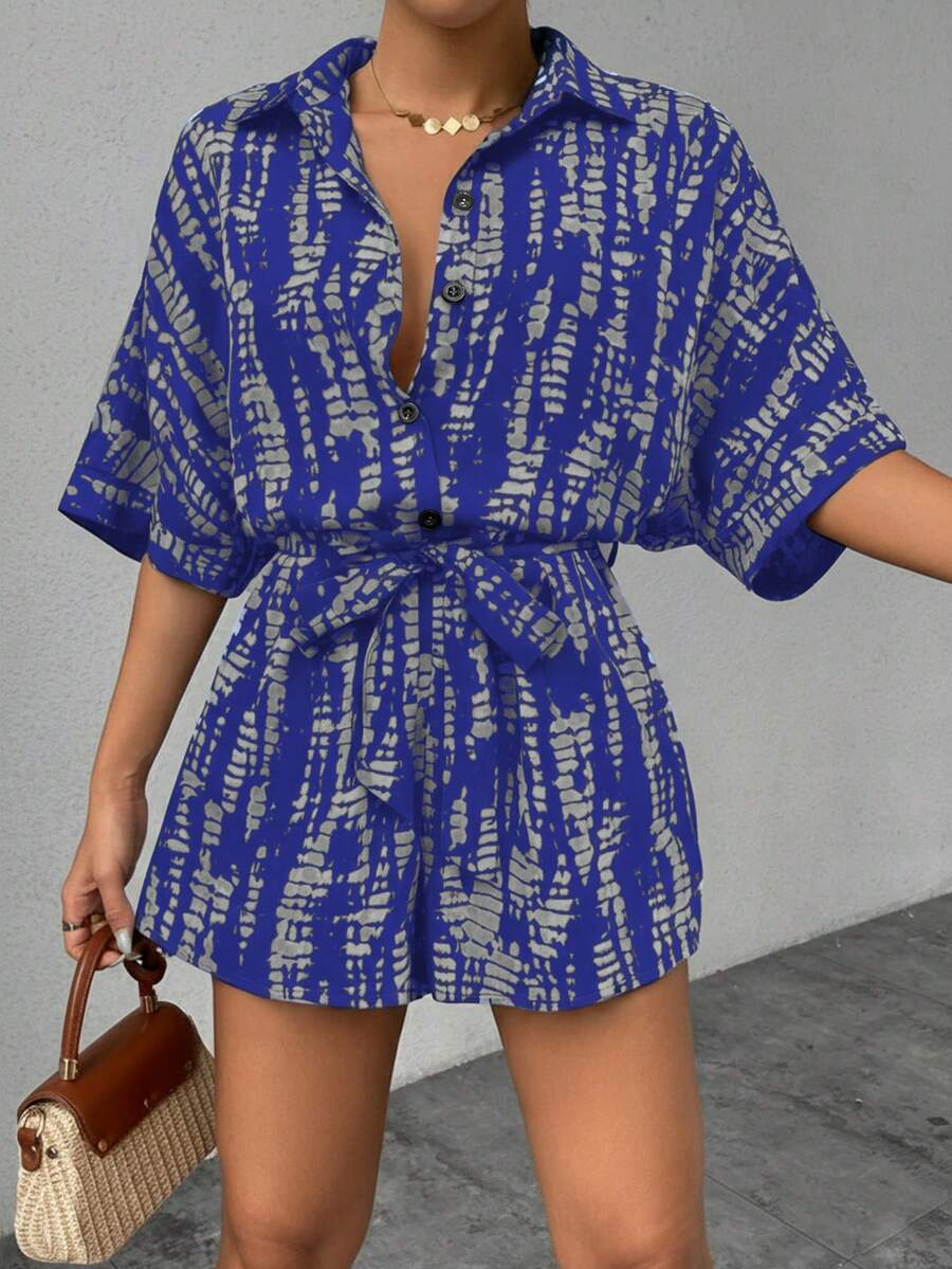 Chiquease Printed Batwing Sleeve Tie Collar Jumpsuit For Women - Multicolor - View 1