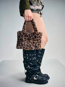 ROMWE Goth 1pc Y2K Stylish & High-Quality Large Capacity Faux Rabbit Fur Leopard/Tiger Print Tote Bag With Magnetic Closure, Suitable For Women/Girls Commute, Daily Use, Gifts - Coffee-4 - View 4