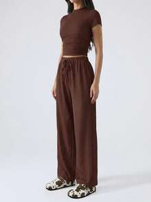 SHEIN EZwear 2pcs Women Casual Solid Color Short Sleeve Top And Pants Set, Spring & Summer - Coffee Brown - View 3