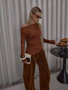 MUSERA Top asymétrique à encolure asymétrique, ourlet asymétrique et côtés froncés. Streetwear mignon, chic, décontracté et sexy pour les sorties. Adapté à l'automne, l'hiver, le printemps et l'été. - Marron fonçé - Voir 5