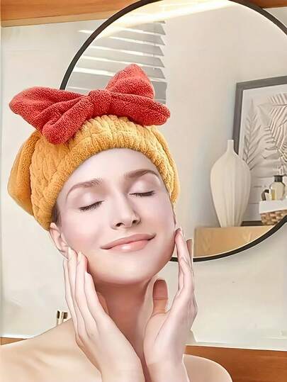 Joivida 超强吸水超细纤维头巾，适合湿发 - 速干、厚实柔软的蝴蝶结形头巾，尤其适合卷发，有四种颜色可选（红/蓝/米/黄），女士适用，沐浴或游泳后包裹头发的理想之选，速干蝴蝶结设计，触感柔软。