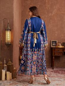 Al Najma Women's Vacation Style Floral Retro Print Long Sleeve Cinched Waist Plus Size Arabic Maxi Dress Kaftan Jalabiya Dress