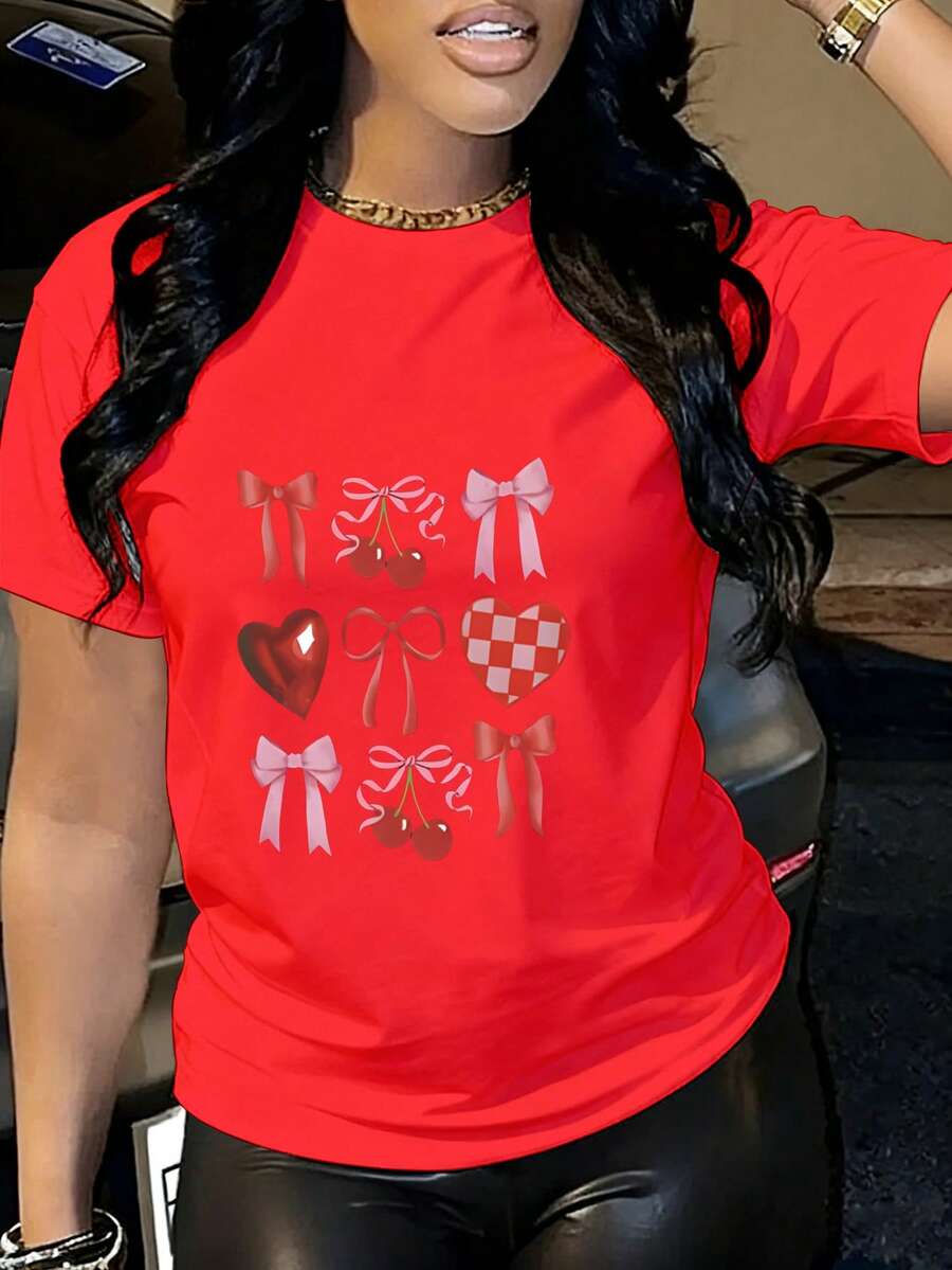 Ropa de mujer casual de manga corta, camiseta impresa, cuello redondo, ropa de mujer casual de verano elegante y cómoda - Rojo - Ver 1