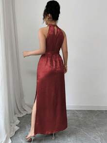 Elenzga Vestido de verano sin mangas con abertura lateral y cuello halter de tejido con lámina - Rojo - Ver 2