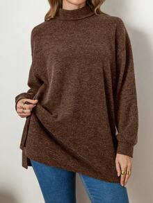 Zelara Plus Size Women Solid Color Dropped Shoulder High Neck Long Sleeve Casual T-Shirt, Knitted Texture - Brown - View 5