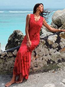 Opulessa 女士时尚度假休闲蕾丝边V领露背连衣裙 - 紅色 - 查看 3