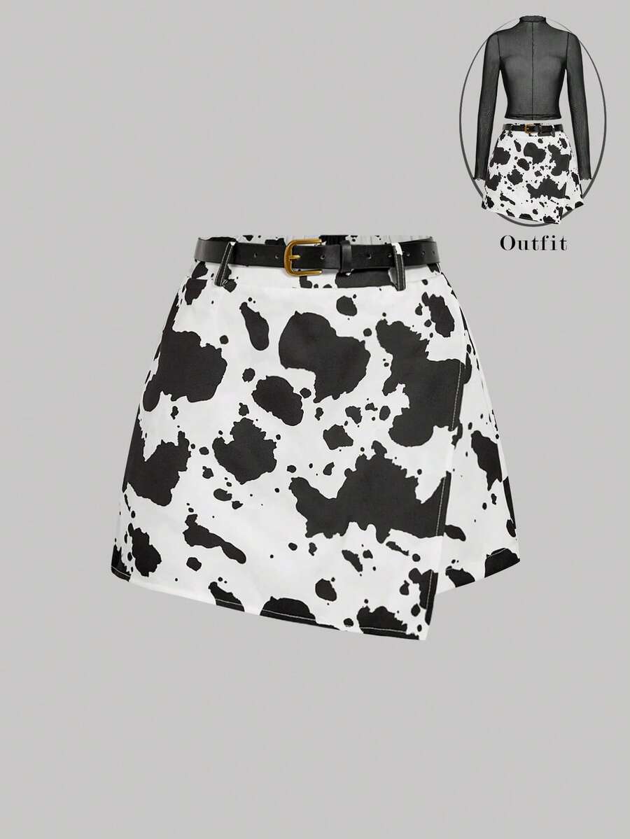 SHEIN MOD 女士时尚动物纹腰带，休闲裙裤 - 黑與白 - 查看 1