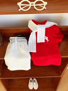SHEIN 男宝宝三件套舒适休闲百搭日常时尚简约风套装，包括红色领短袖T恤POLO针织衫、白色条纹披肩、白色短裤及腰带，多件套制服正装，适合室内、室外、日常、运动、玩耍、派对、拍照、度假、节日、婚礼、迎婴派对、洗礼和一周岁生日庆祝等场合，春夏皆宜。 - 紅色 - 查看 8