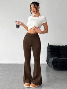 SHEIN PETITE 女款瑜伽褲 高腰彈性褲 收腹運動保暖內裡褲，適合嬌小女性 - 棕色 - 查看 5