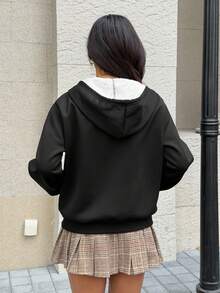 SHEIN EZwear Women's Casual Loose Fit Black Knitted Hooded Fleece Sweatshirt, Winter,Long Sleeve Tops - Black - View 2