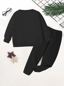 SHEIN 2件套男童舒适秋冬休闲创意数字67棕榈印花圆领卫衣和裤子套装 - 黑色 - 查看 2