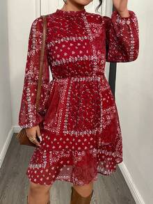 LanaWest Đầm xòe họa tiết chắp vá cổ đứng tay đèn lồng phong cách nghỉ dưỡng cỡ lớn cho nữ mùa xuân/thu - Màu Đỏ Sâu - Xem 1