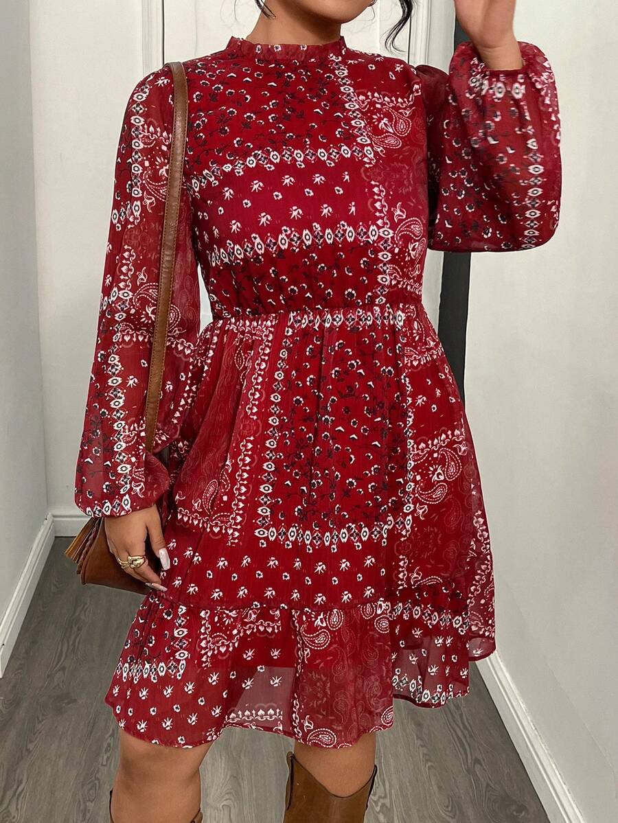 LanaWest Đầm xòe họa tiết chắp vá cổ đứng tay đèn lồng phong cách nghỉ dưỡng cỡ lớn cho nữ mùa xuân/thu - Màu Đỏ Sâu - Xem 1