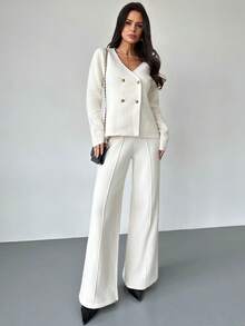 Firerie Women's V-Neck Metal Double-Breasted Waist Long Sleeve Top And Pants Knit Sweater Set, Solid Color Loose Elegant Suit Style Sweater Set, Long Sleeve Long Pants Sweater Set, V-Neck Top And Pants Set, Elegant Commuter Outfit, Spring/Autumn/Winter Clothing, Elegant, Commuter, Casual, Daily, Minimalist, Work Outfit - Beige - View 5